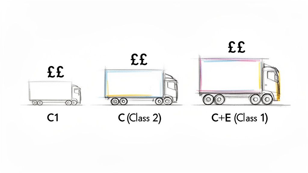 Illustration of three HGV trucks, small to large, representing C1, C (Class 2), and C+E (Class 1) driving licenses with cost symbols.