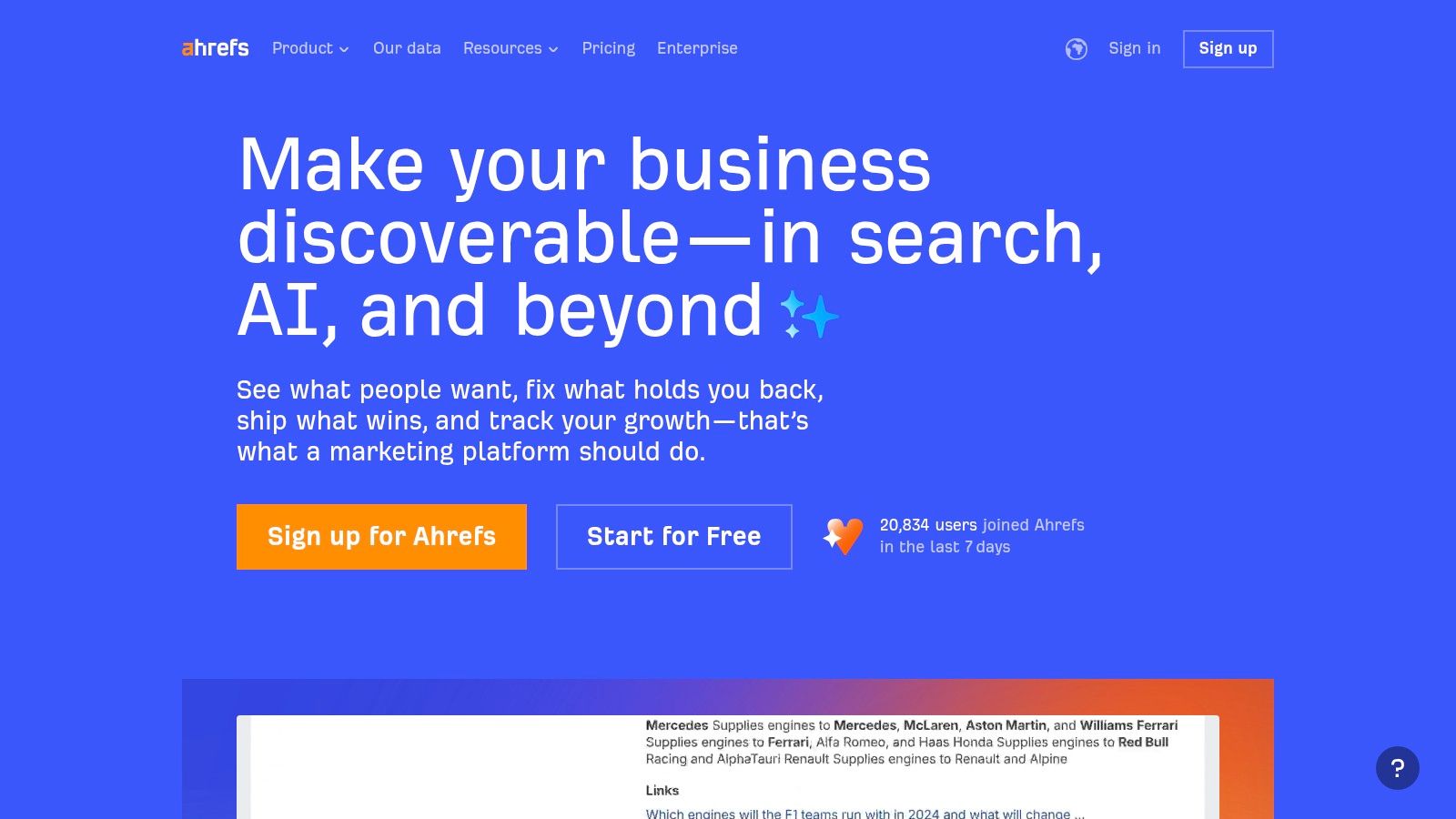 Ahrefs user interface showing an overview of website analytics