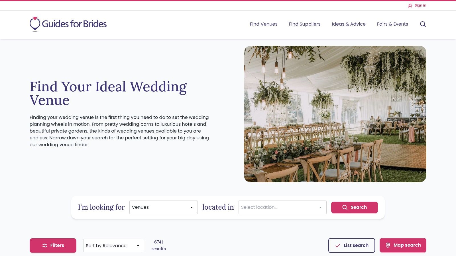 Guides for Brides screenshot showing a garden marquee wedding venue in London