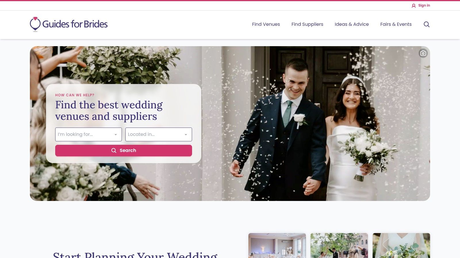 Guides for Brides website homepage showing wedding planning resources