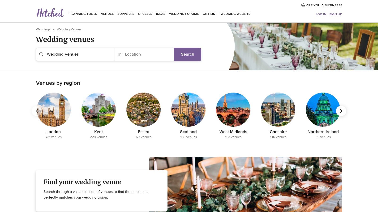 Screenshot of the Hitched website showing a list of wedding venues