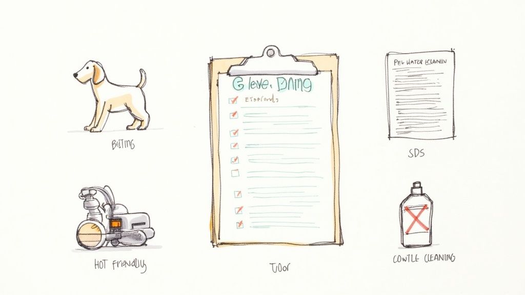 A professional cleaner using equipment on a light-colored carpet in a home with a dog watching from a distance.