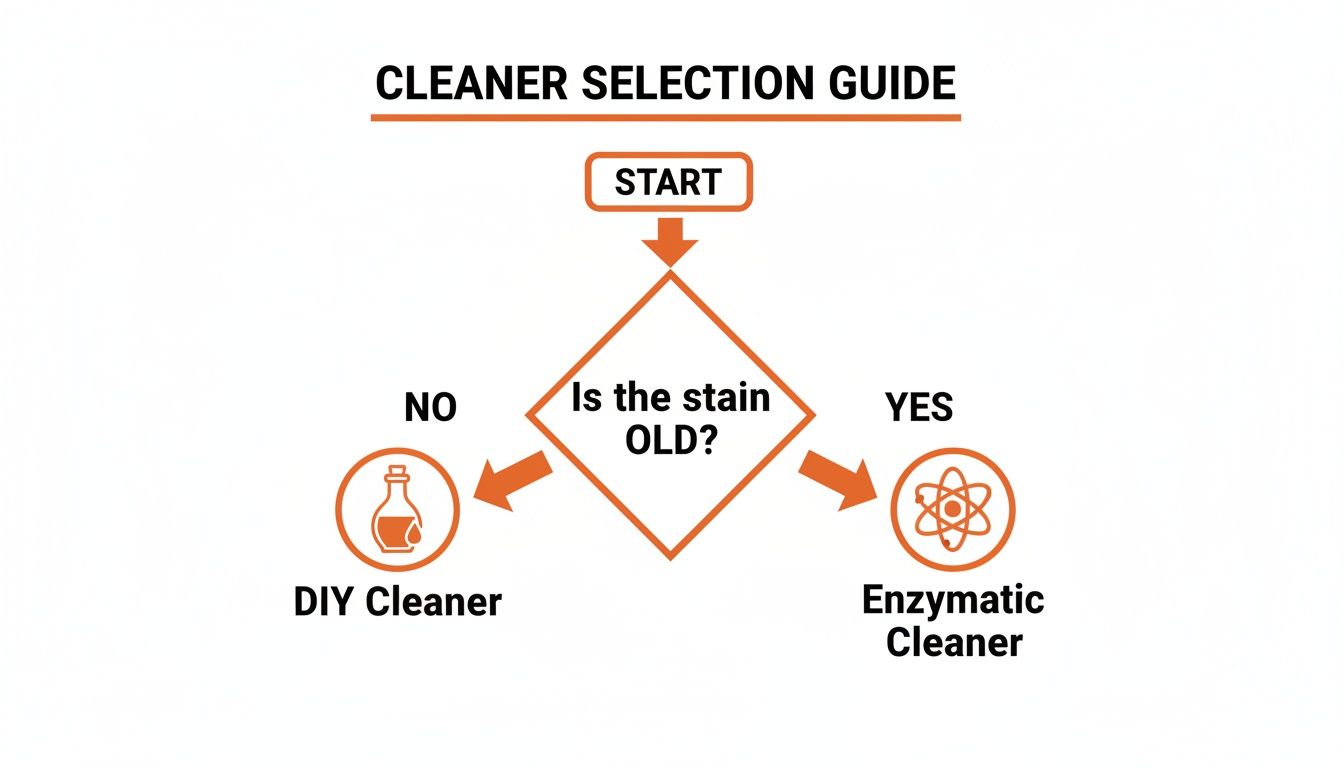Flowchart guiding cleaner selection: use DIY cleaner for new stains, and enzymatic cleaner for old stains.