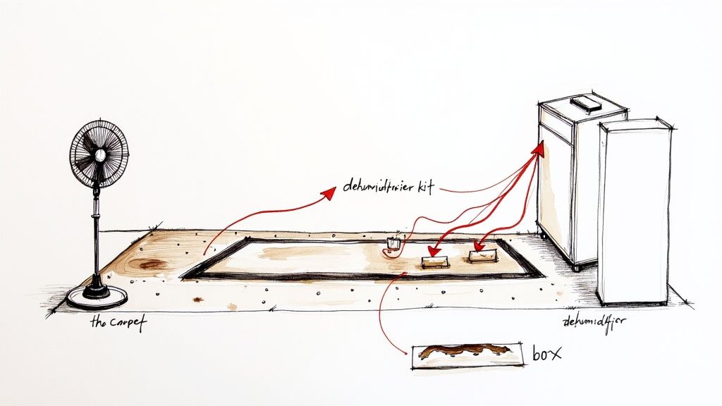 Diagram showing a fan, dehumidifier kit, and dehumidifier used to remove moisture and odors from a carpet.