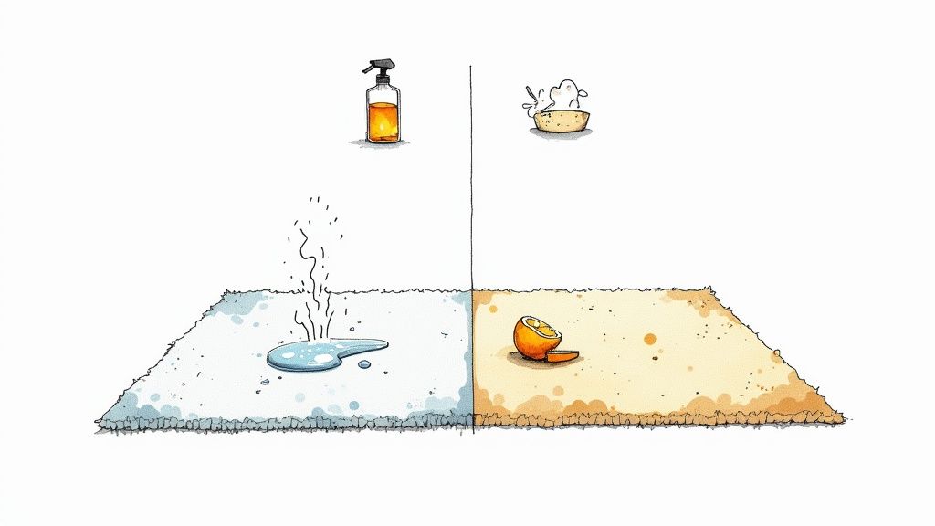 A professional using a modern cleaning machine on a light-colored carpet, showing the difference between cleaned and uncleaned sections.