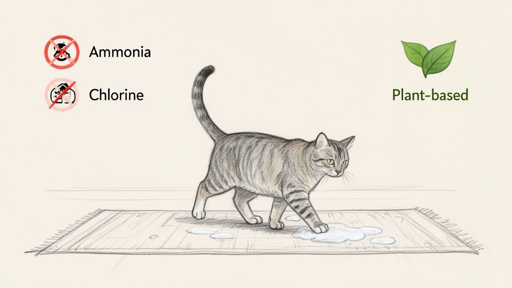 An illustration of a cat walking on a rug with spills, indicating no ammonia or chlorine, but plant-based cleaning.