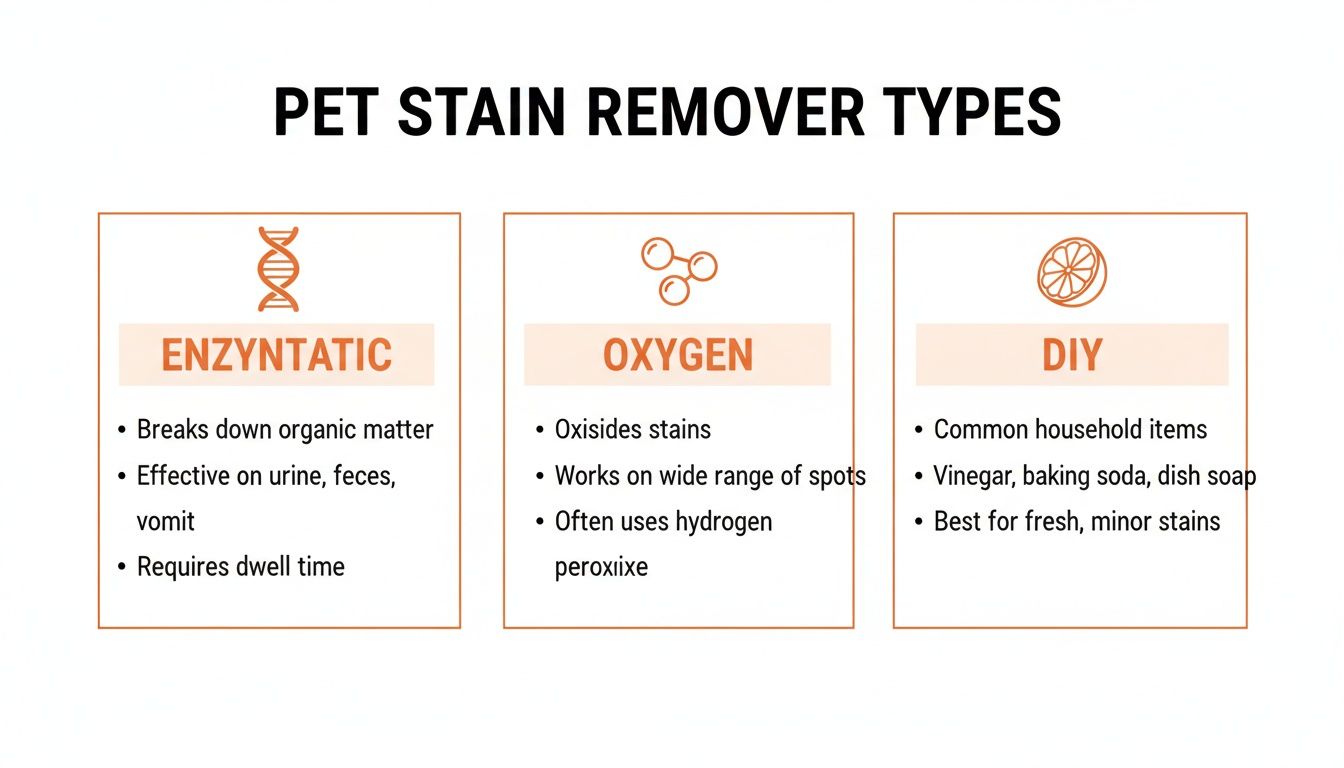 Infographic detailing three pet stain remover types: enzymatic, oxygen, and DIY solutions with their characteristics.