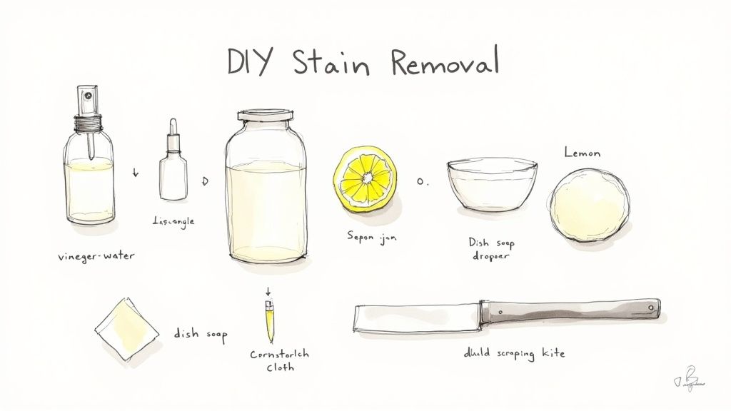 A person using a cloth to blot a tough stain on a light-colored carpet.