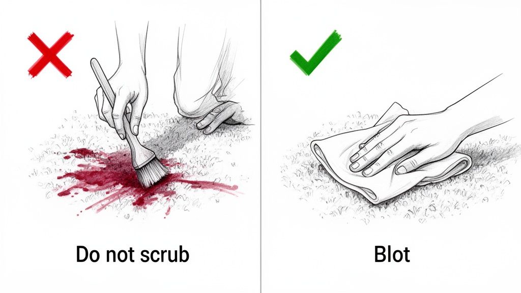 Illustration showing how to clean a red spill: do not scrub with a brush, instead blot with a cloth.