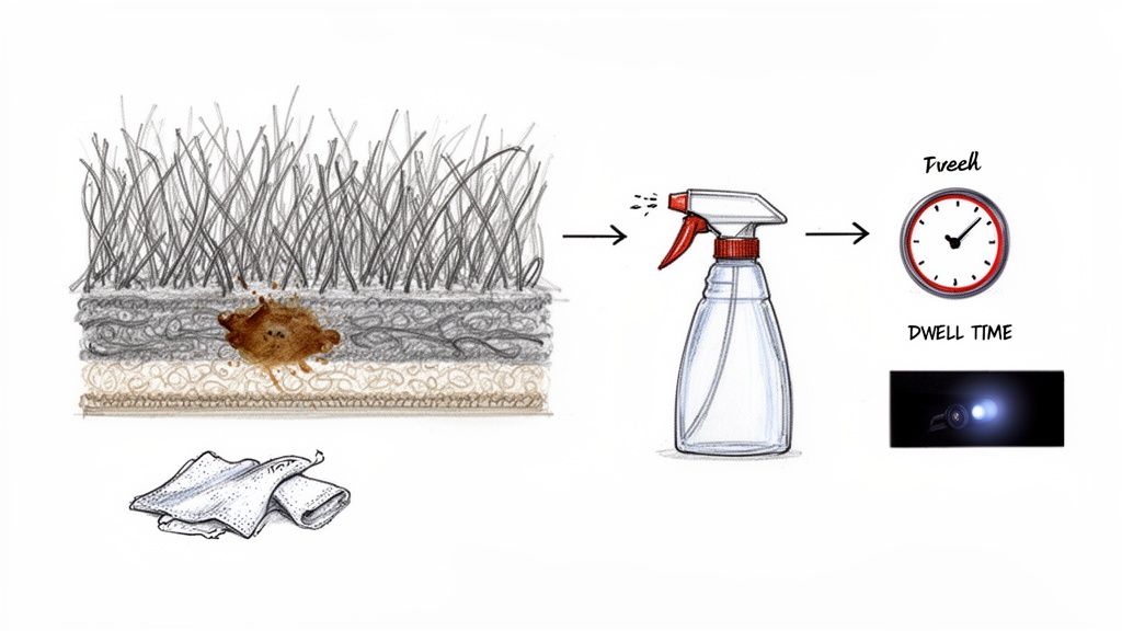 Illustration showing a carpet cleaning process with spray application, dwell time, and inspection of a stain.