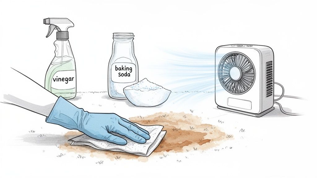 A gloved hand cleans a brown carpet stain using vinegar, baking soda, and a fan.