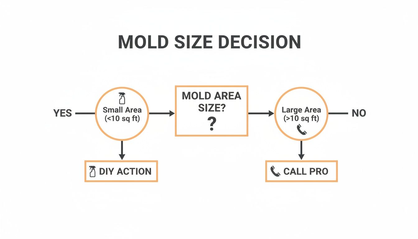 Flowchart for mold area size decision, recommending DIY action for small areas and calling a pro for large areas.