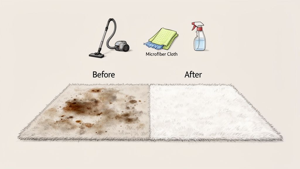 Before and after comparison of a dirty carpet cleaned with a vacuum, cloth, and spray.