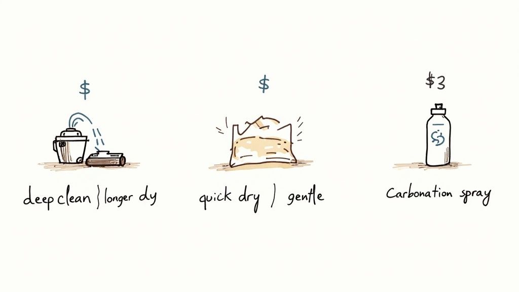 Three illustrations showing different carpet cleaning methods with their characteristics and costs.