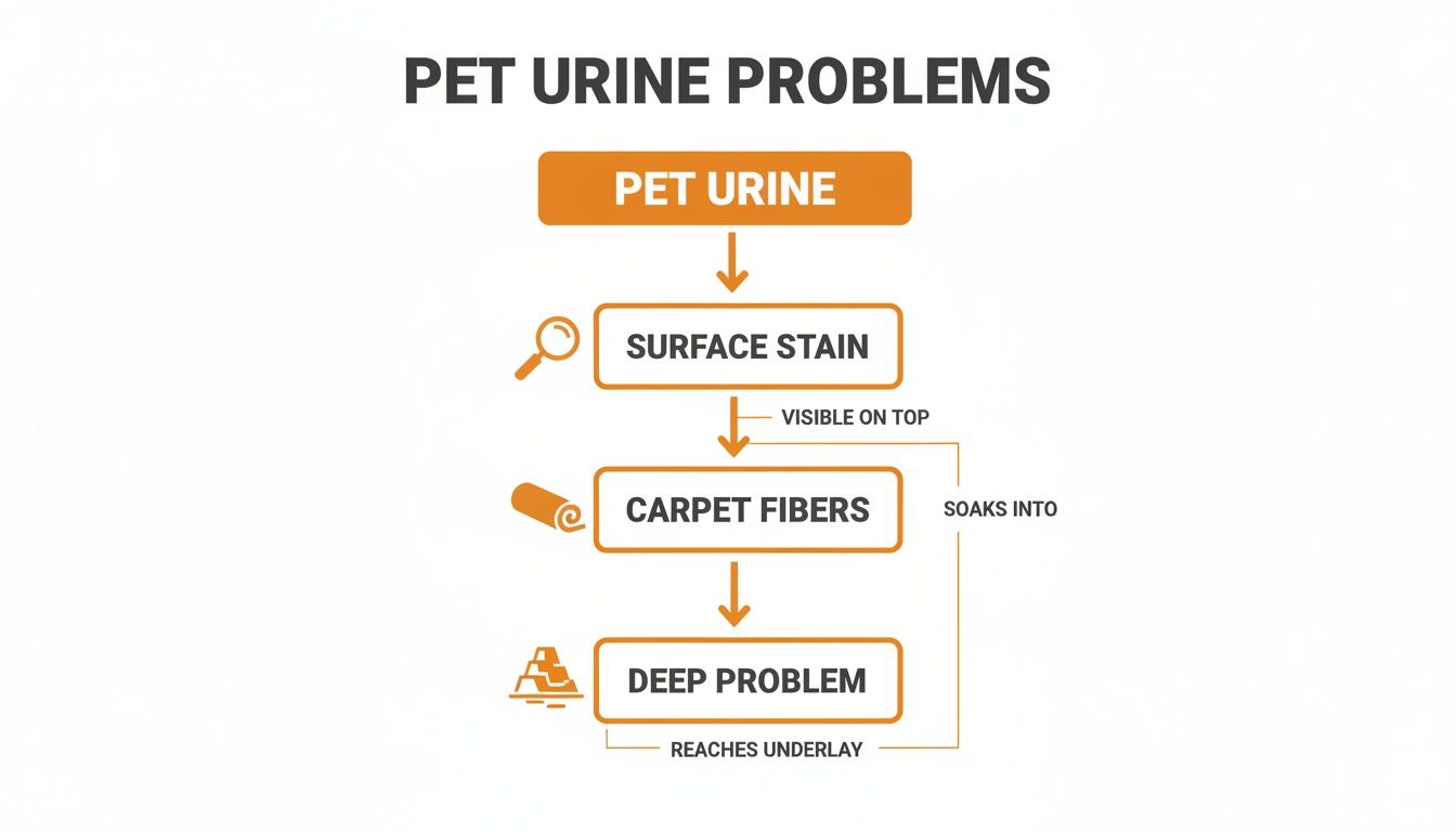 Flowchart illustrating how pet urine penetrates carpet layers, from visible surface stains to deep underlay problems.