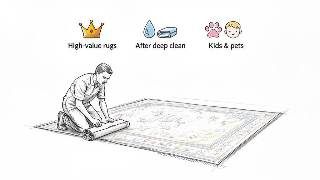 A man kneels and rolls up a patterned rug, with icons for high-value rugs, deep clean, and kids & pets.