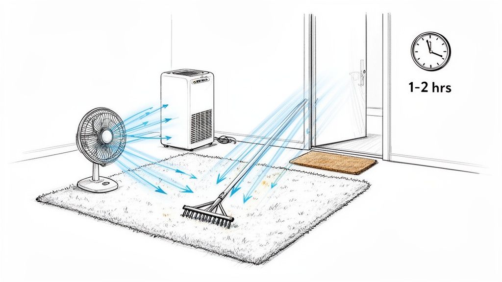 Illustration of a fan, dehumidifier, and carpet rake used to dry a dirty rug in 1-2 hours.