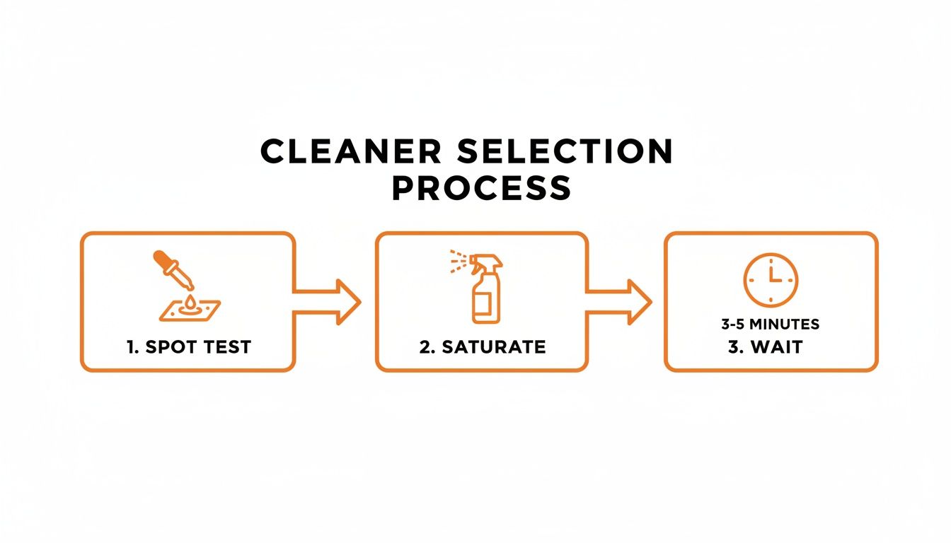 A flowchart illustrates a three-step cleaner selection process: 1. Spot Test with a dropper, 2. Saturate with a spray bottle, and 3. Wait for 3-5 minutes.