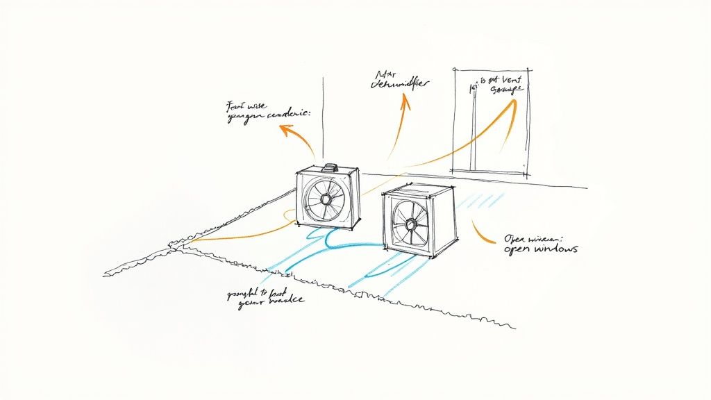 A sketch of two box fans drying a carpet, with airflow directed towards a dehumidifier and an open vent.