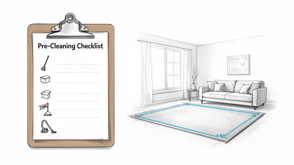 Pre-cleaning checklist with icons for cleaning tools next to a sketch of a living room rug.