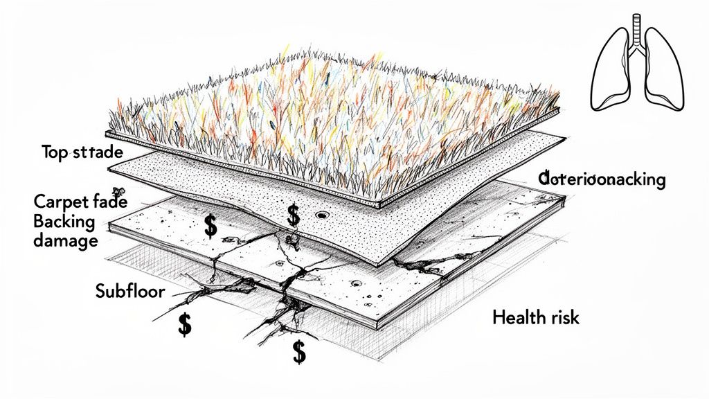 Illustration showing layers of damaged flooring, including carpet, cracked subfloor, money symbols, and health risk warnings.