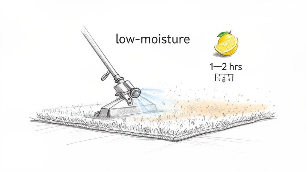 Illustration depicting a low-moisture carpet cleaning method, showing a machine applying solution and indicating a 1-2 hour drying time.