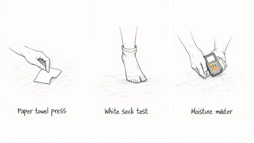Illustrations showing three DIY tests for checking floor or carpet dryness: paper towel, white sock, and moisture meter.