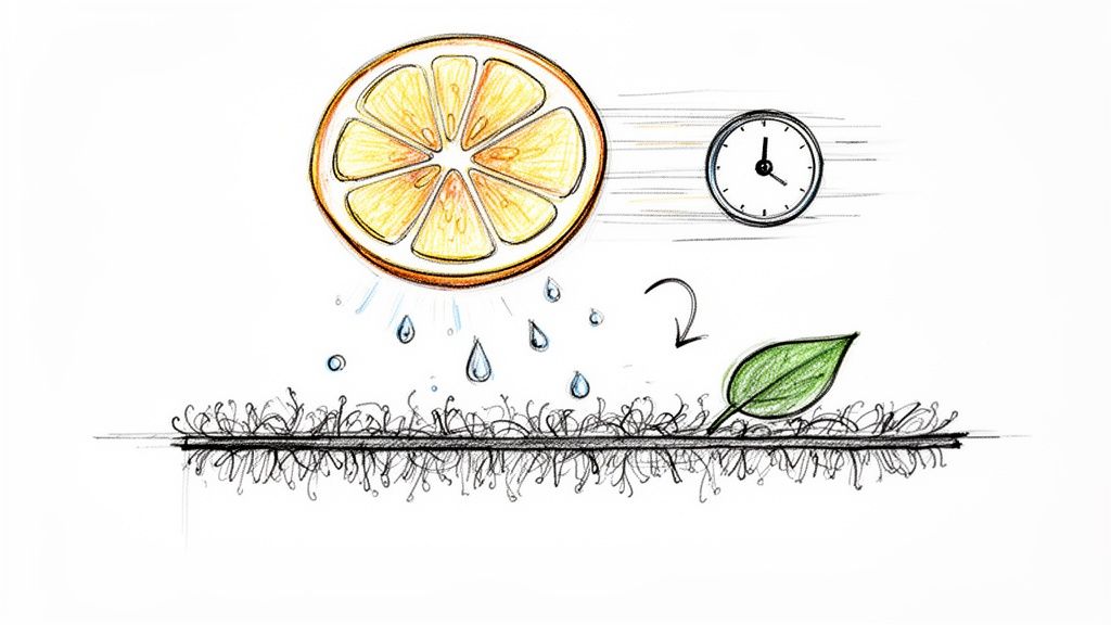 Drawing of a citrus fruit dripping liquid onto carpet fibers, suggesting a natural cleaning process over time.