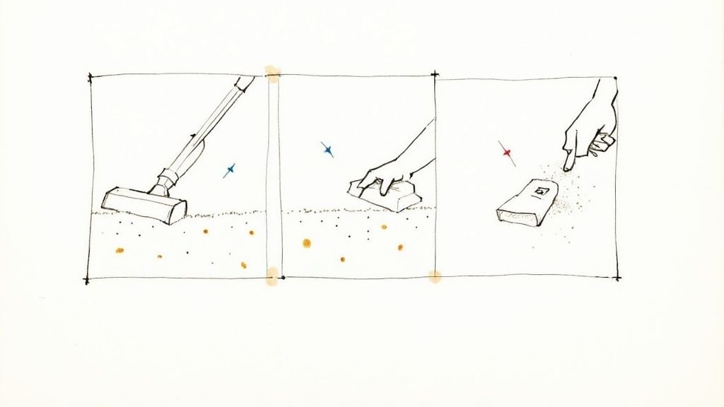 Three-panel illustration shows a vacuum, scrubbing brush, and dustpan used for cleaning.