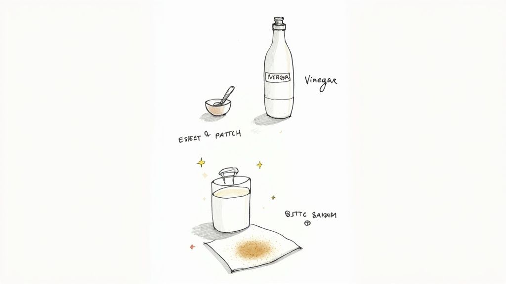 Hand-drawn illustration depicting vinegar, a bowl, and a glass with a scrubber on a stained cloth.