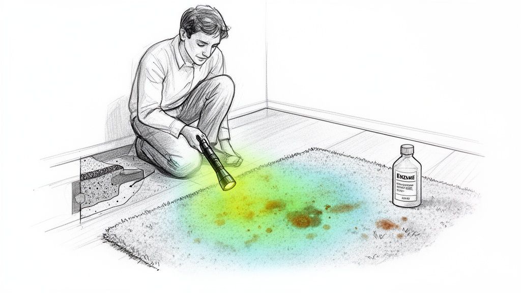 A person uses a UV light to inspect pet urine stains on a carpet with enzyme cleaner.