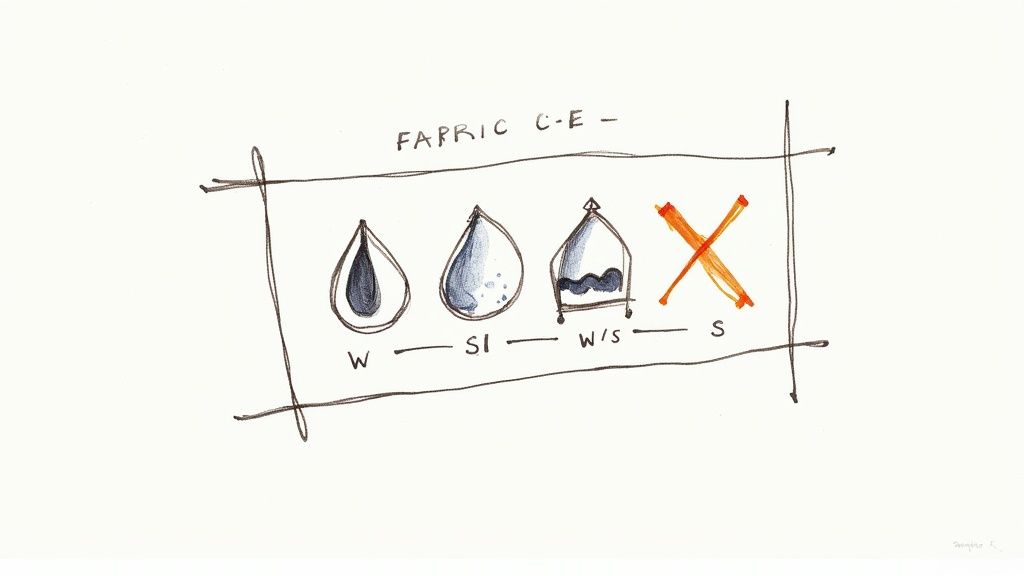 Close-up of a person checking the cleaning tag on a couch cushion.