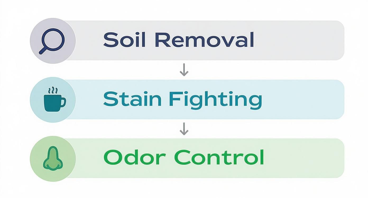 A three-step process for cleaning: soil removal (magnifying glass), stain fighting (coffee cup), and odor control (nose icon).