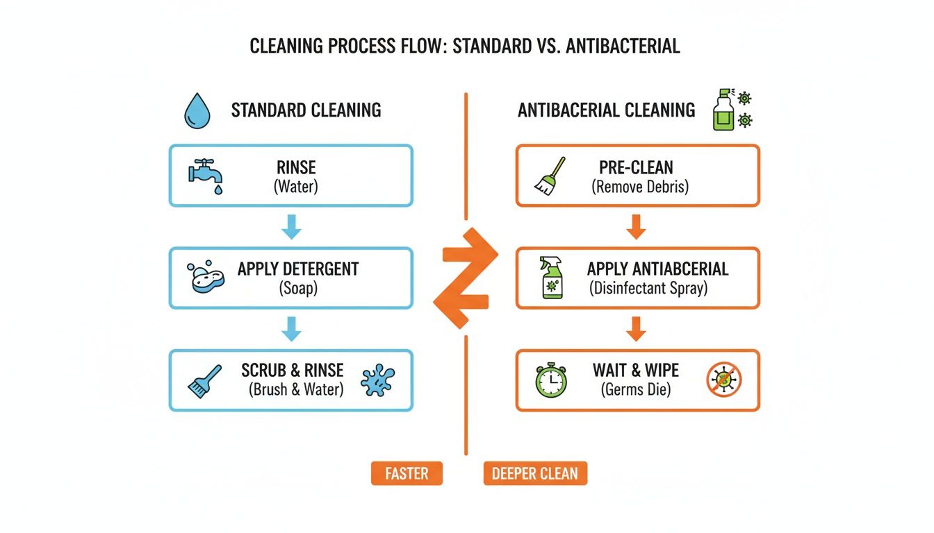 Flowchart comparing standard cleaning process (faster) with antibacterial cleaning process (deeper clean).