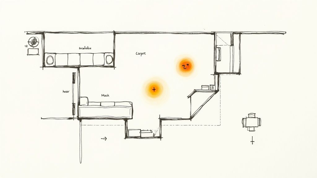 A person sniffing a carpet to find the source of an odor