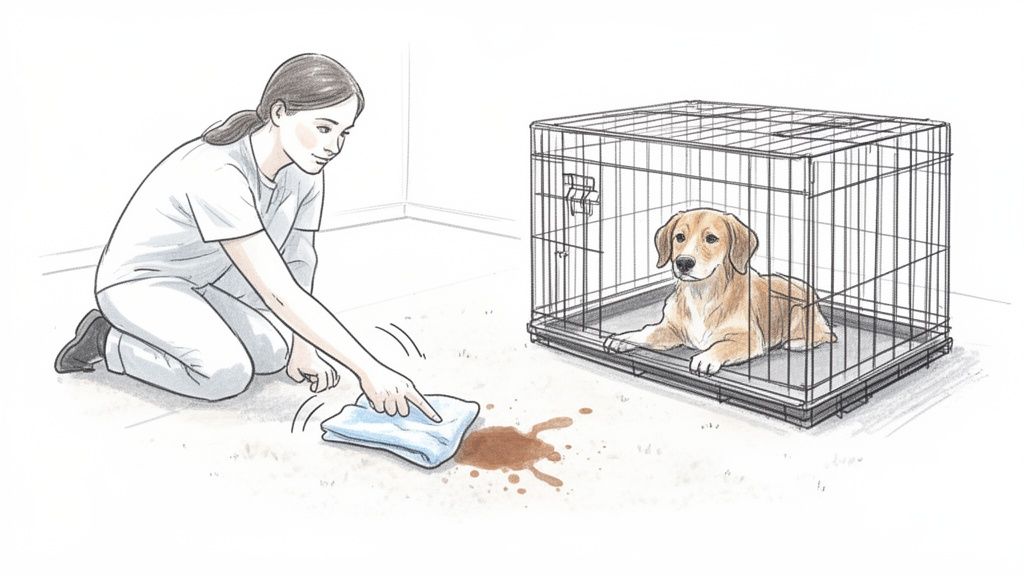 A woman cleans a dog's potty accident on the floor next to a crated dog.
