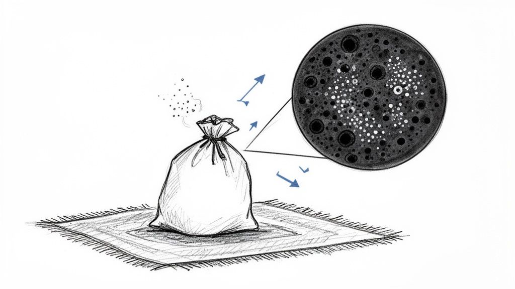 Diagram of a sachet on a rug releasing particles, with a magnified view of a porous absorbent material.