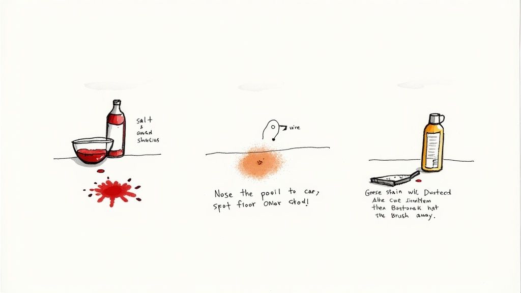 A hand carefully scraping a dried, sticky stain off a carpet with a dull knife.