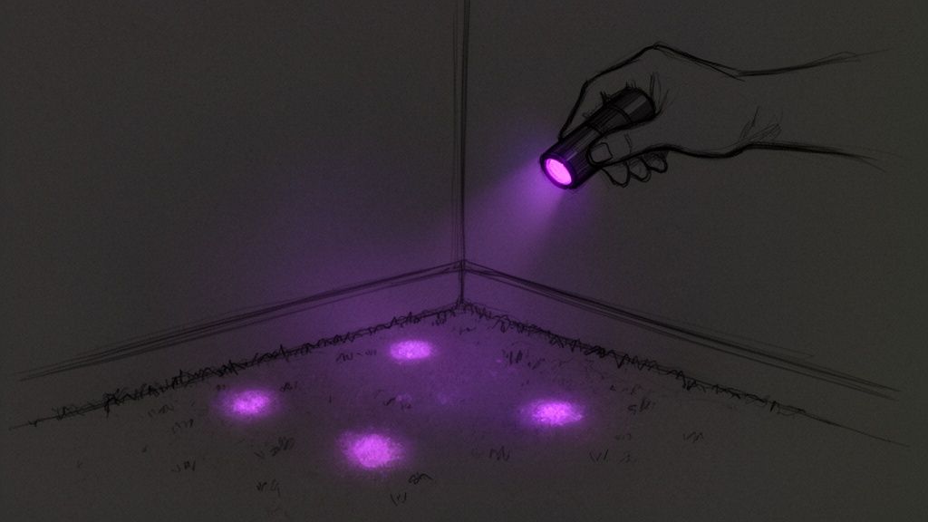 A hand holds a UV blacklight flashlight, revealing multiple glowing purple spots on a dark carpet.