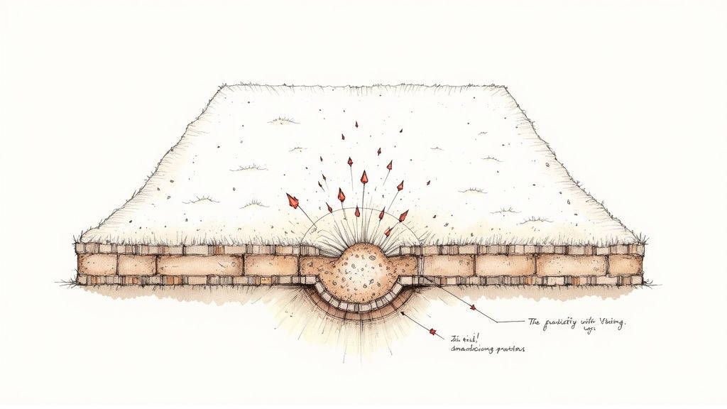A cross-section illustration of an explosion erupting from a brick and turf structure, with red arrows flying out.