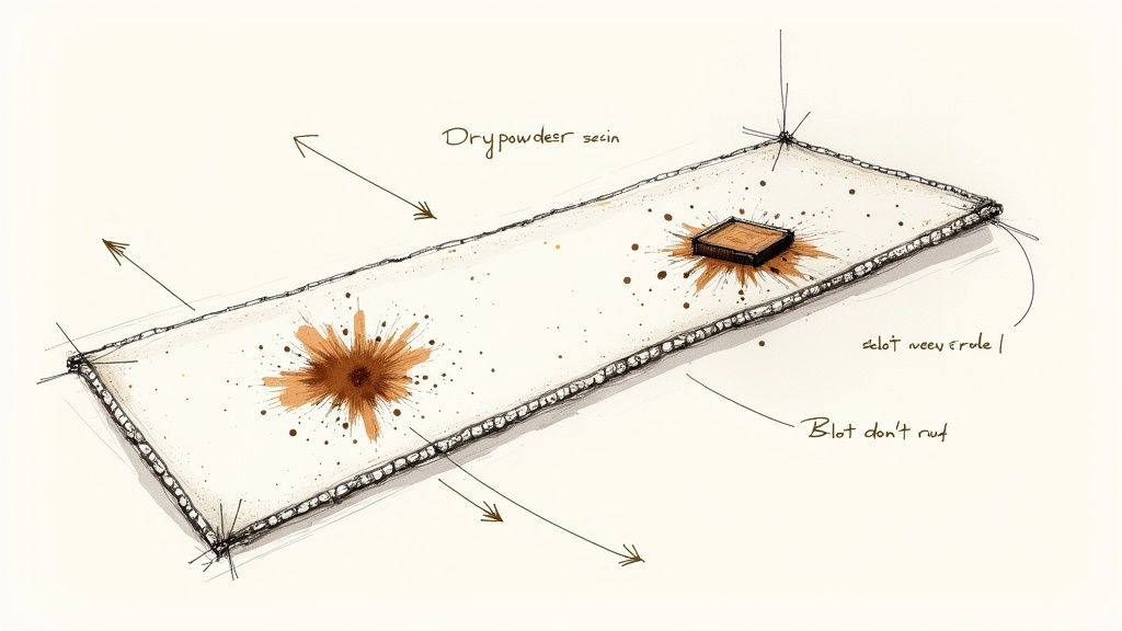 A close-up shot of a white cloth blotting a fresh coffee spill on a light-colored carpet.