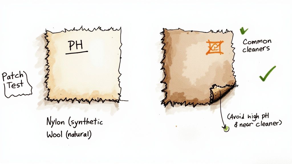 Diagram illustrating a patch test for cleaning synthetic (nylon) and natural (wool) fabrics, referencing pH.