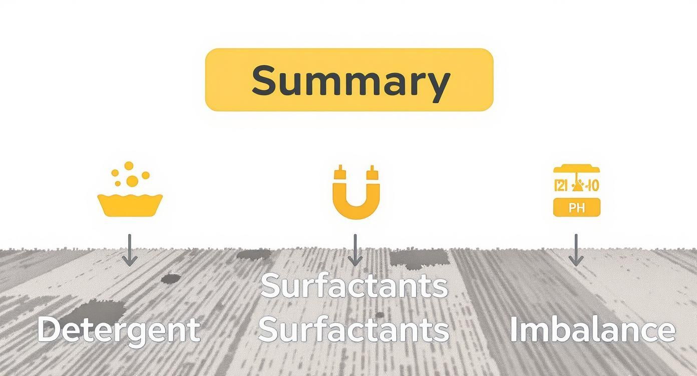 A diagram summarizing three cleaning concepts: detergent, surfactants represented by a magnet, and pH imbalance.
