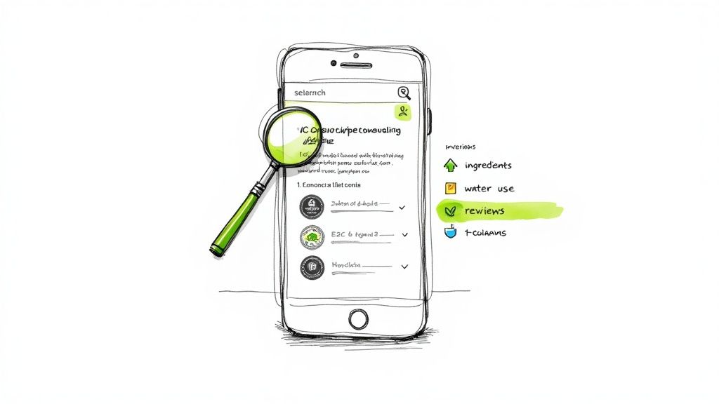 A magnifying glass hovering over a carpet, symbolizing the search for a quality green cleaner.