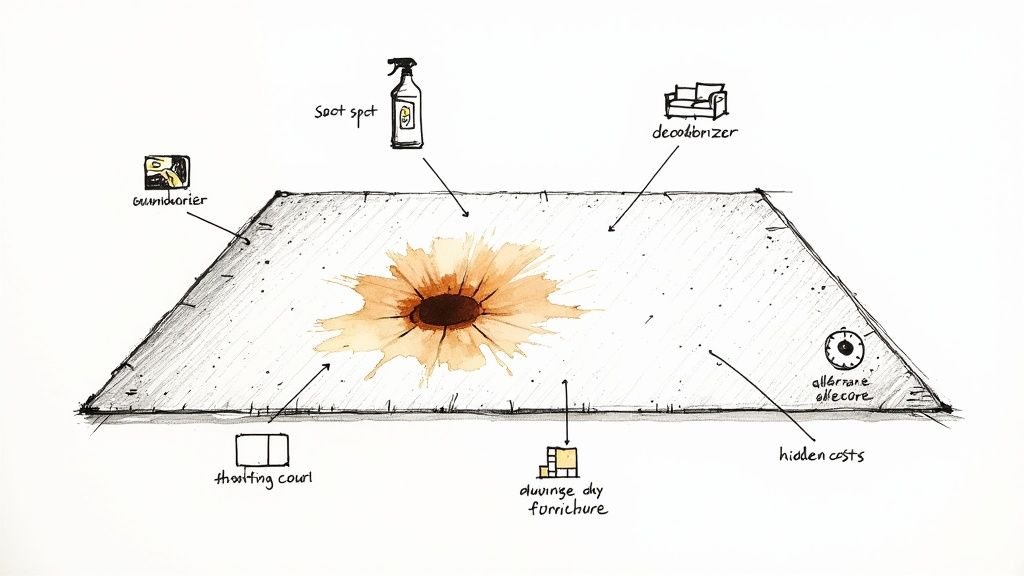A professional cleaner spot-treating a difficult stain on a light-colored commercial carpet.