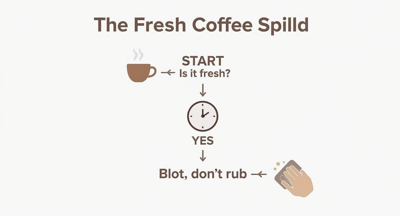 Flowchart detailing how to clean a fresh coffee spill, emphasizing blotting over rubbing.
