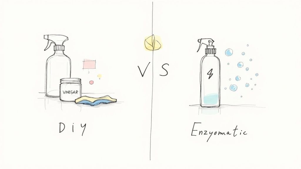 Comparison illustration of DIY cleaning supplies with vinegar versus enzymatic cleaner spray bottle