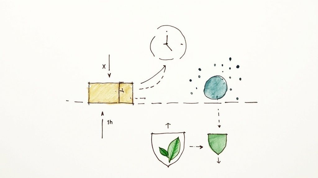 Hand-drawn diagram of a conceptual process, showing an object transforming over time into a leaf.