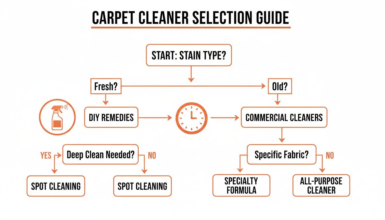 A carpet cleaner selection guide flowchart based on stain type, freshness, and fabric specificity.