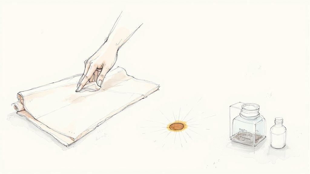 Hand writing in open notebook with pen, ink bottle and small jar nearby on desk